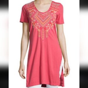 Johnny Was Coral Embroidered Short-Sleeve Tunic